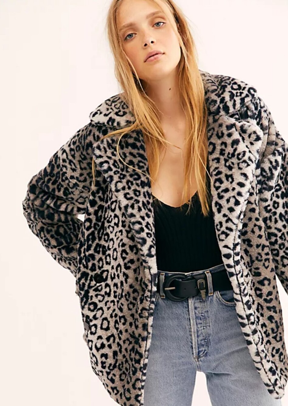 Free People Kate Leopard-Print Jacket in Gray and Black Plush Faux Fur